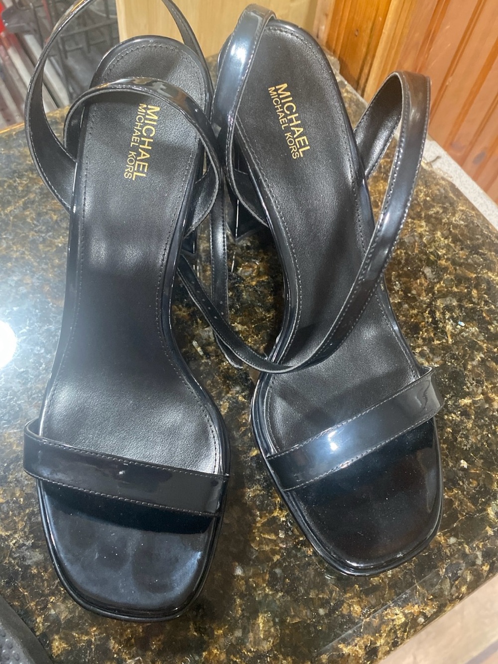 MICHAEL Michael Kors Black Patent Open-Toe Slingback Heels